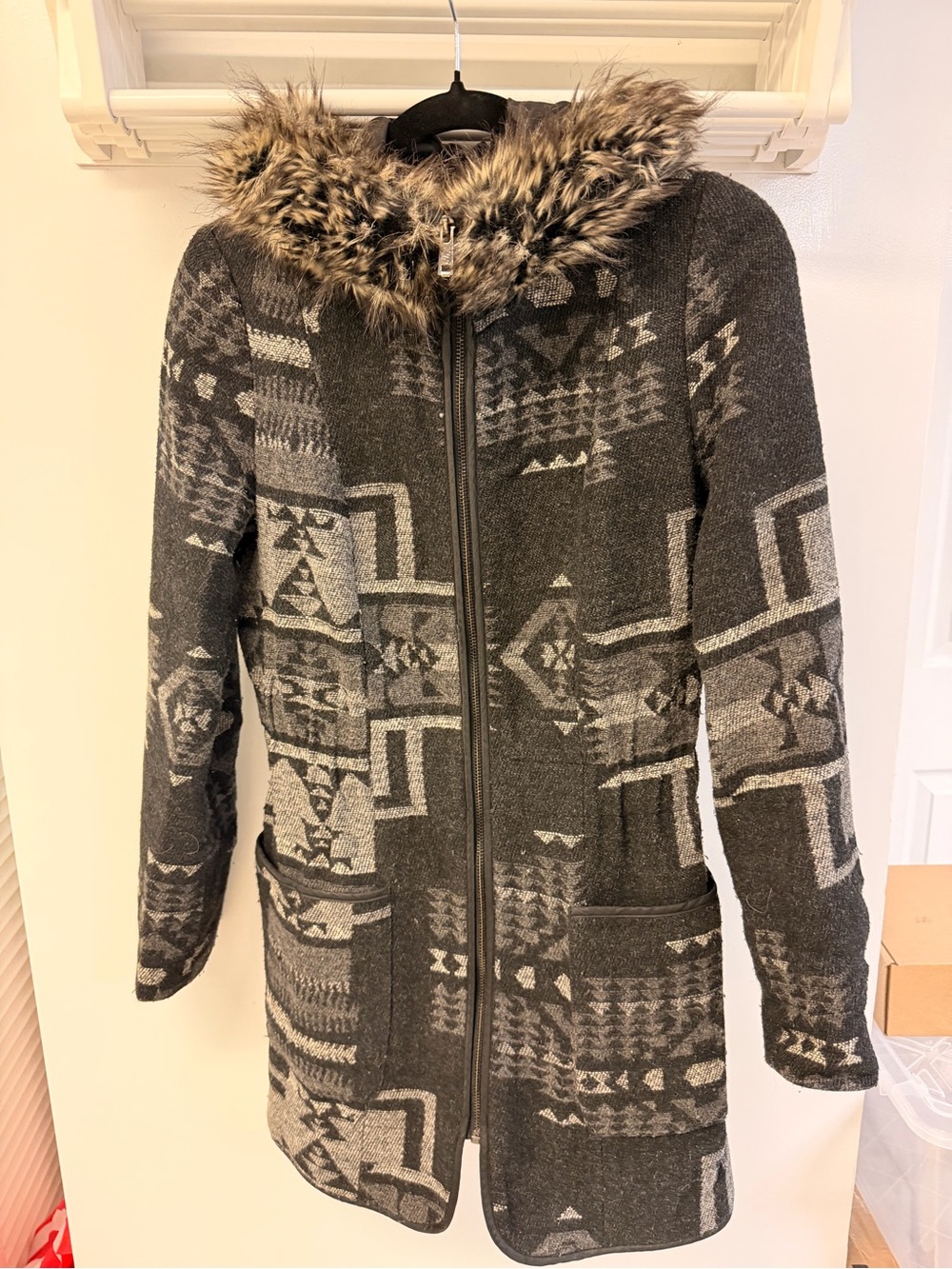 Women's Faux-Fur Hooded Trench Coat in Charcoal Gray